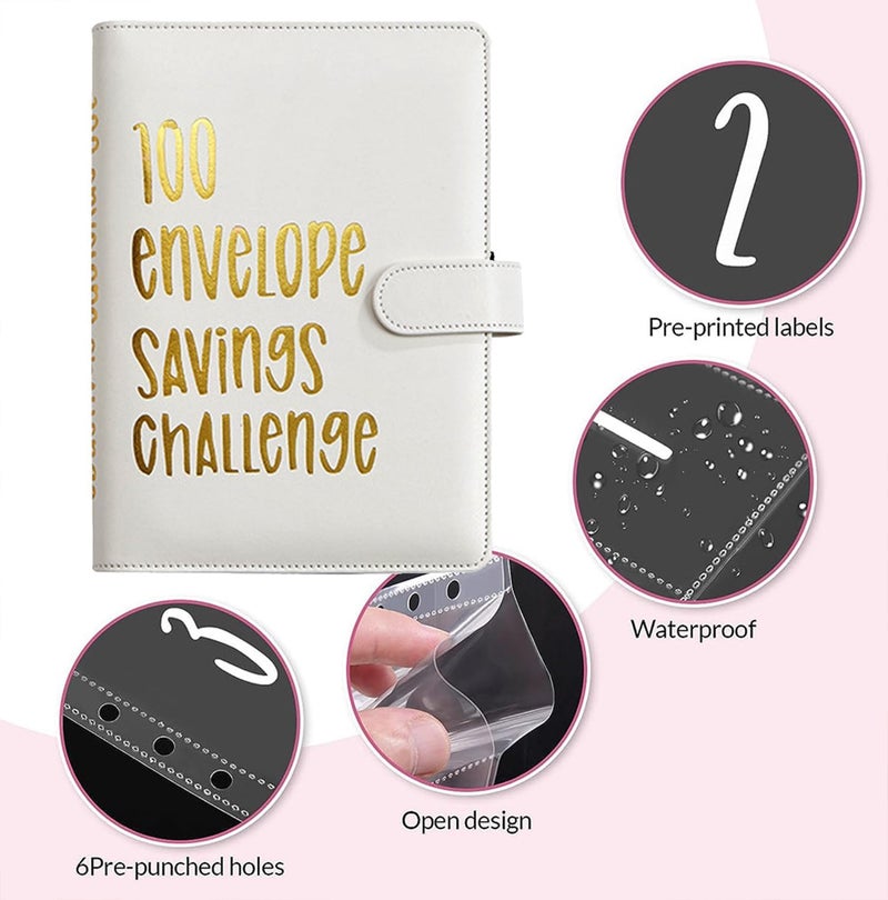 AASLOB 100 Envelopes Money Saving Challenge, 100 Envelope Challenge Binder, Easy and Fun Way to Save $5,050, Savings Challenges Budget Book Binder with Cash Envelopes for Office,Home,School (White) - Image 3